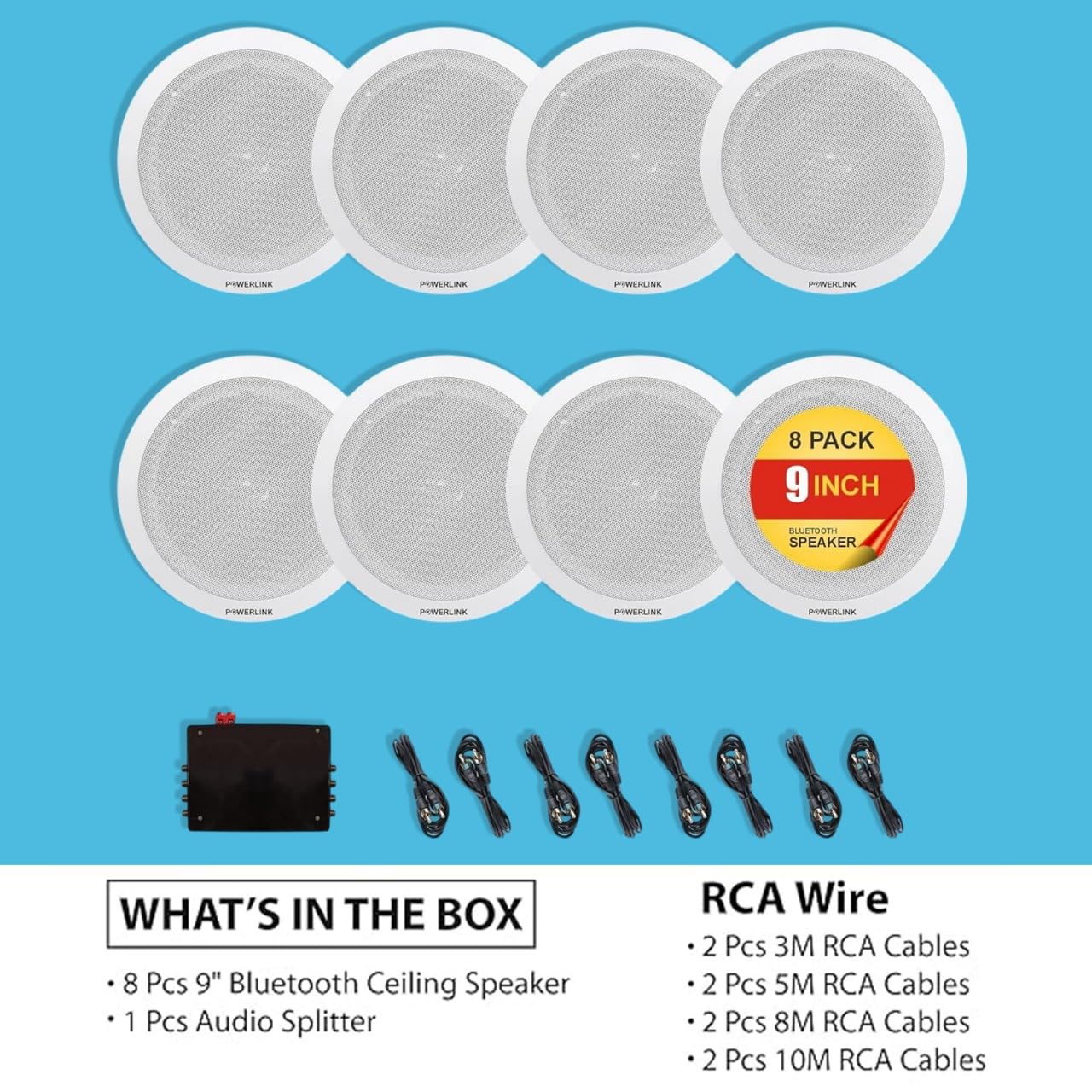 Powerlink 9" Bluetooth Flush Mount in-Ceiling 2-Way Speaker System 240 Watt(30W Each) for Office, Gym, Home Theater (Pack of 8)