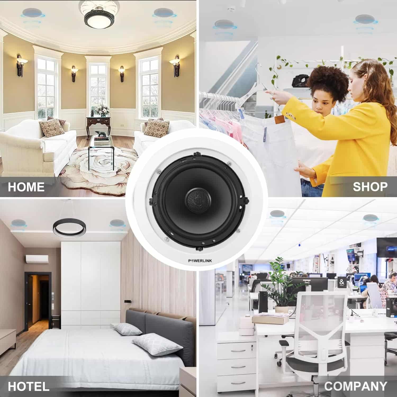 Powerlink 9" Bluetooth Flush Mount in-Ceiling 2-Way Speaker System 120 Watt(30W Each) for Office, Gym, Home Theater (Pack of 4)